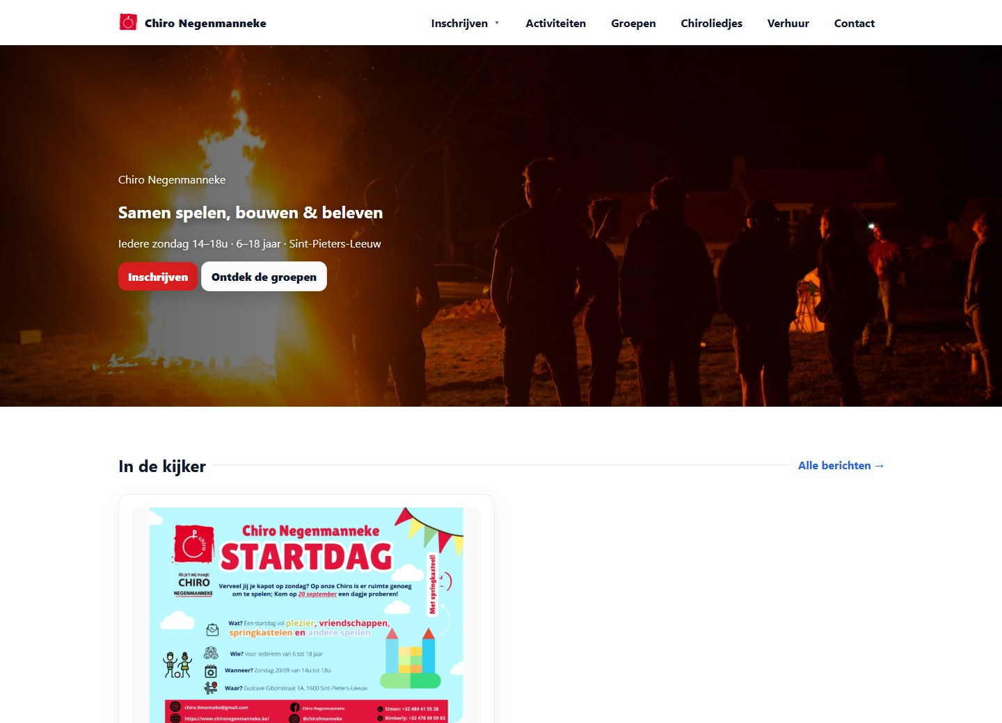 Chiro Negenmanneke website with its welcome page and youth group information
