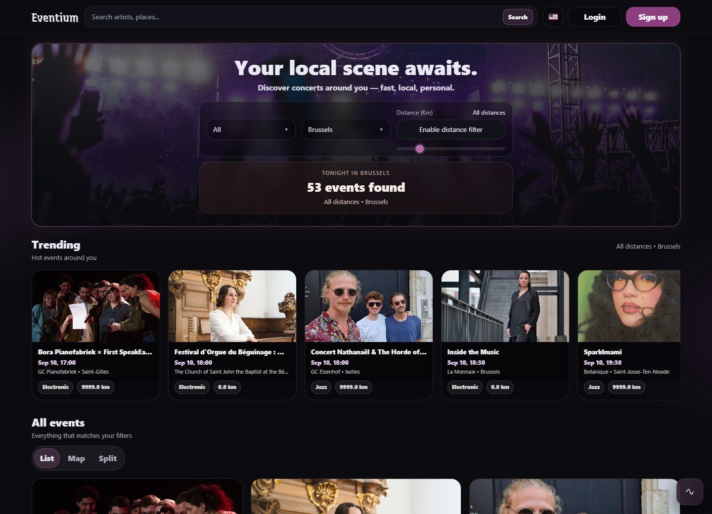 Eventium website showing event search and local event discovery